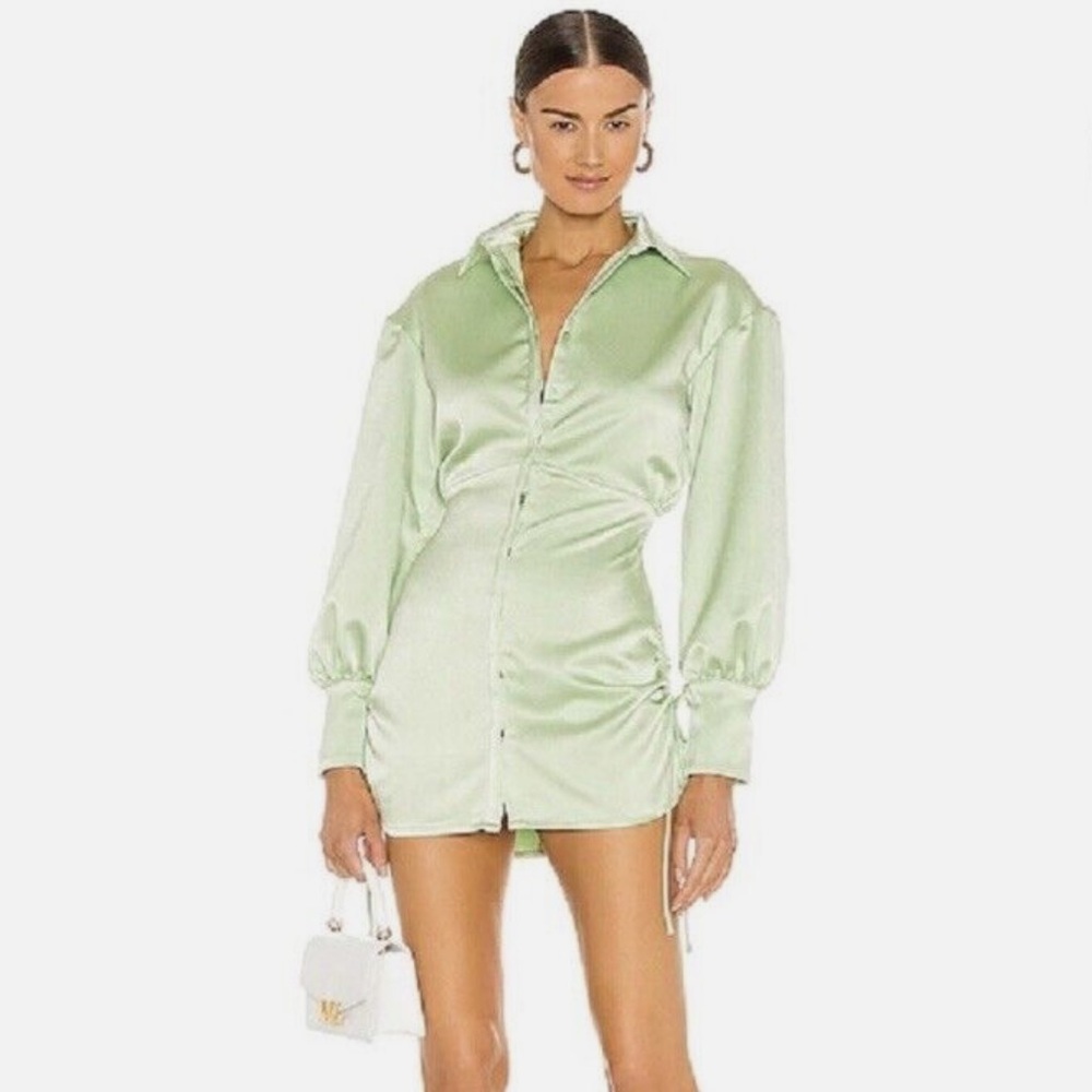 Danielle Guizio Dress Womens S Satin ruched Shirtdress sage green Button Front